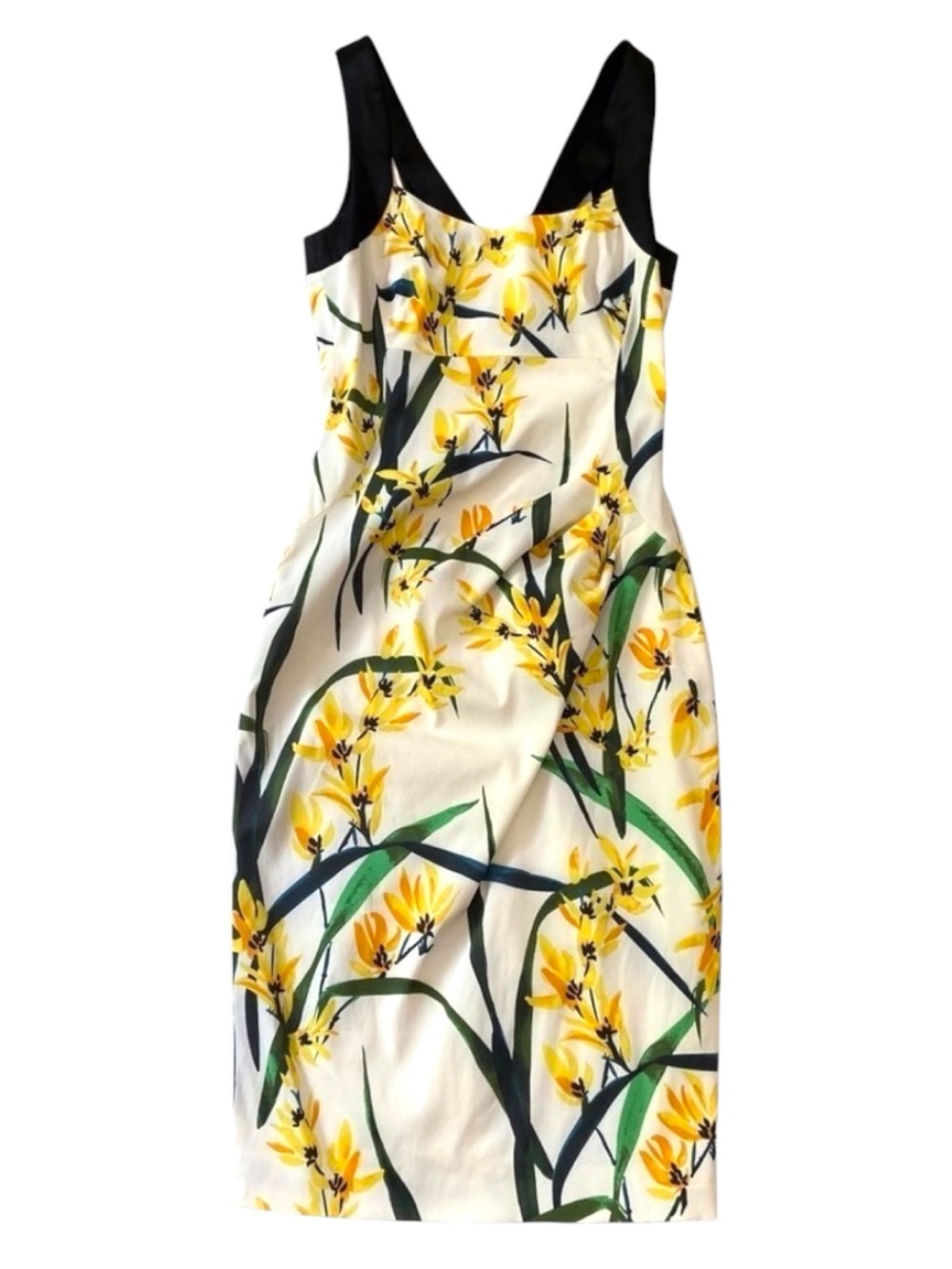 Karen Millen Yellow Floral Sheath Dress Stretch Occasion Cocktail Size4 feminine